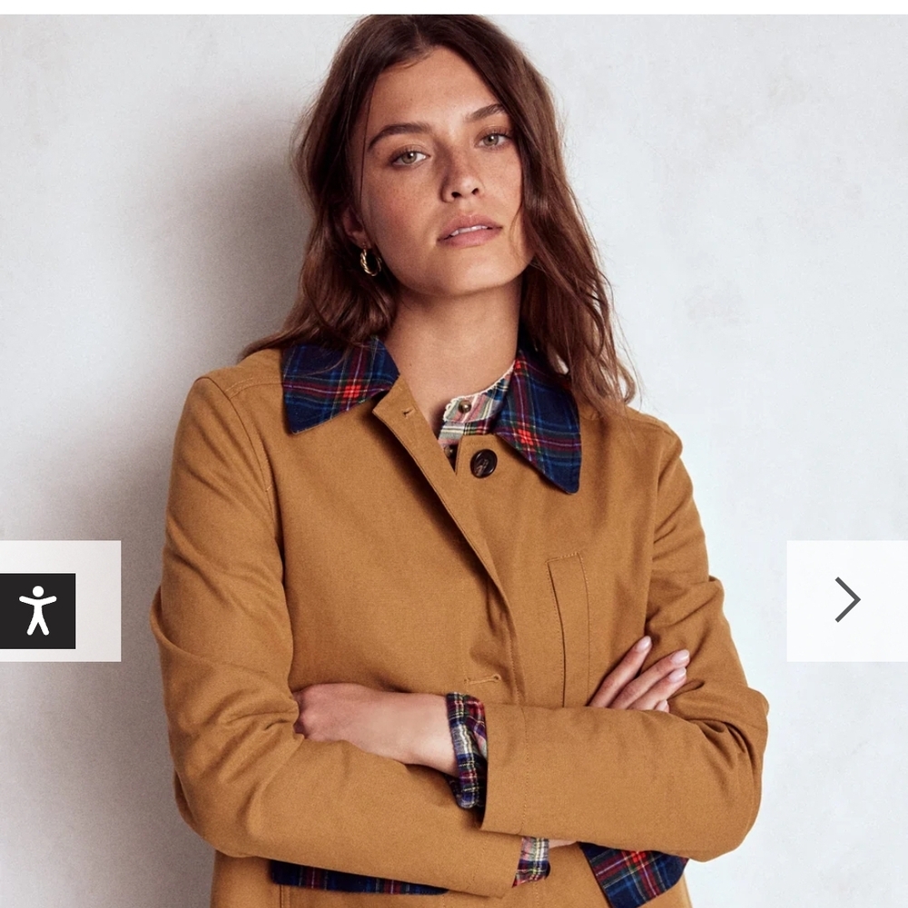 Boden Tan Trench Coat with Plaid Collar